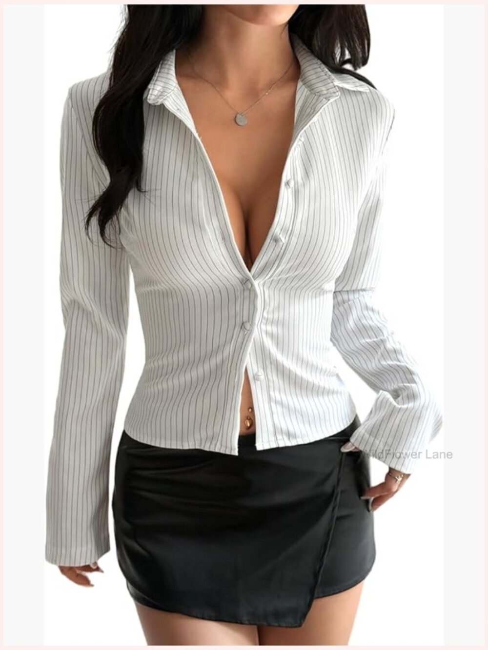 Striped Button Down Shirt Bell Sleeve Crop Top Blouse Slim Fit Trendy
